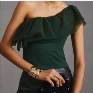 SUNDAY IN BROOKLYN One-Shoulder TOP Smocked Back Front Ruffle Green  medium EUC